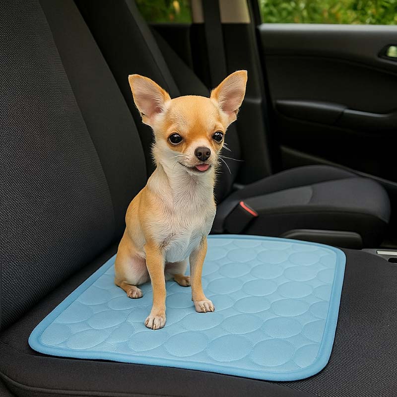 Chihuahua op babyblauwe CoolPet™ koelmat in een auto – verkoelende reismat voor kleine honden