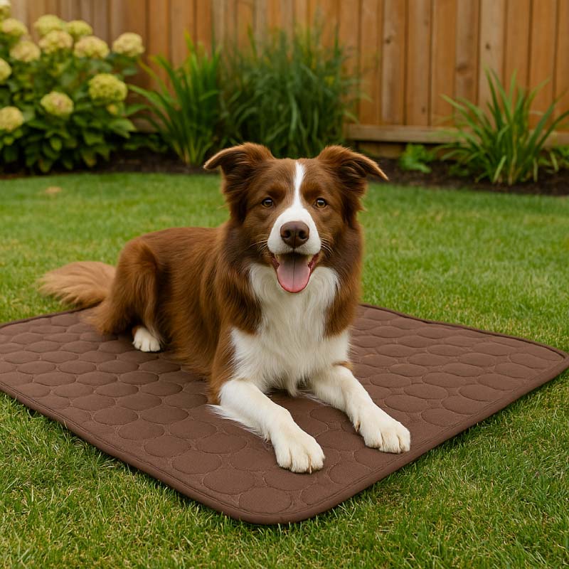 Border Collie op bruine CoolPet™ koelmat in de tuin – verkoelende mat voor buitengebruik