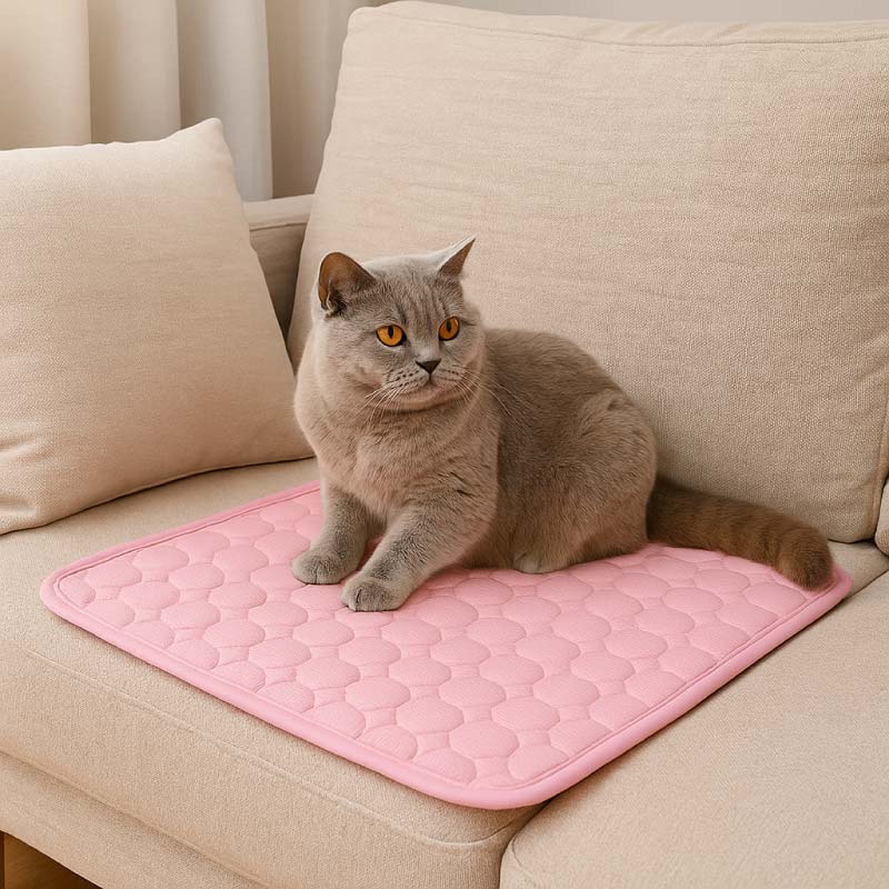 British Shorthair kat op roze CoolPet™ koelmat in een comfortabele zetel – verkoelende mat voor huisdieren