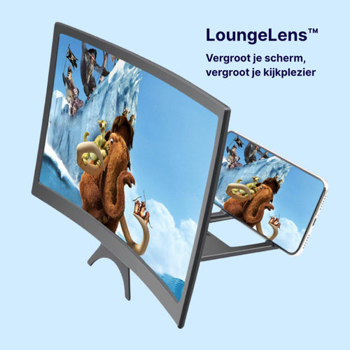 LoungeLens™ schermvergroter voor smartphone – hoofdbeeld met demonstratie van vergrotingseffect