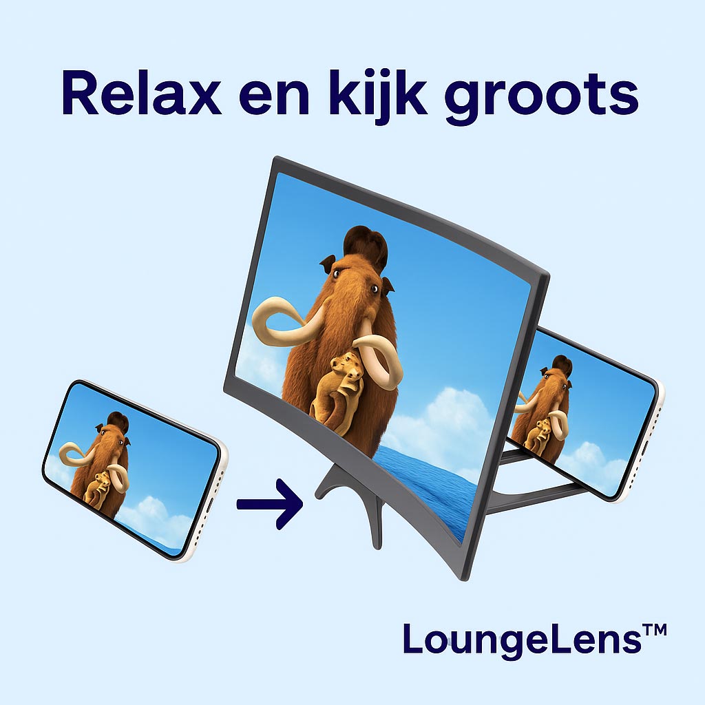 Vergelijking van smartphonebeeld zonder en met LoungeLens™ schermvergroter – tot 3x groter beeld voor comfortabel kijken