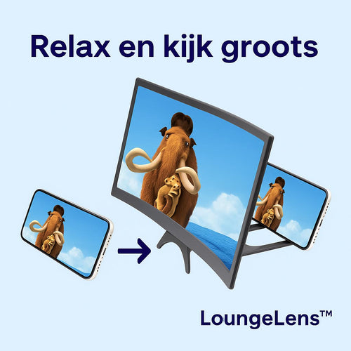 Vergelijking van smartphonebeeld zonder en met LoungeLens™ schermvergroter – tot 3x groter beeld voor comfortabel kijken