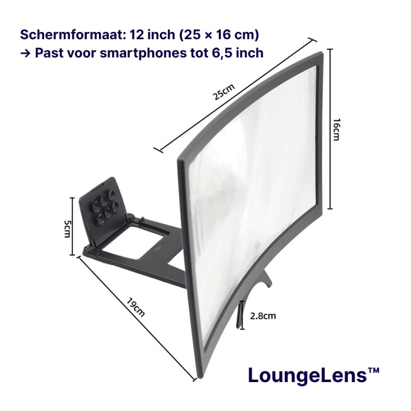 Afbeelding met afmetingen van de LoungeLens™ schermvergroter: 12 inch scherm (25 × 16 cm), geschikt voor smartphones tot 6,5 inch.