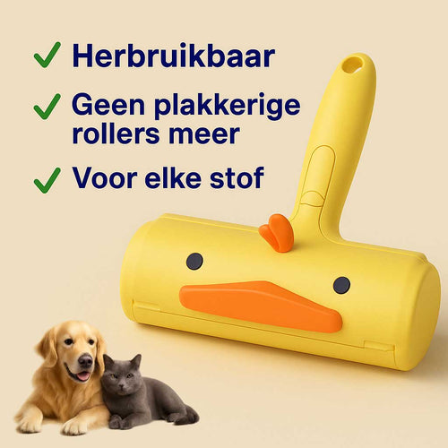 PluisPats™ haarverwijderaar in eendvorm, met voordelen in beeld: herbruikbaar, geschikt voor elke stof en zonder plakkerige rollers – ideaal voor honden- en kattenharen.