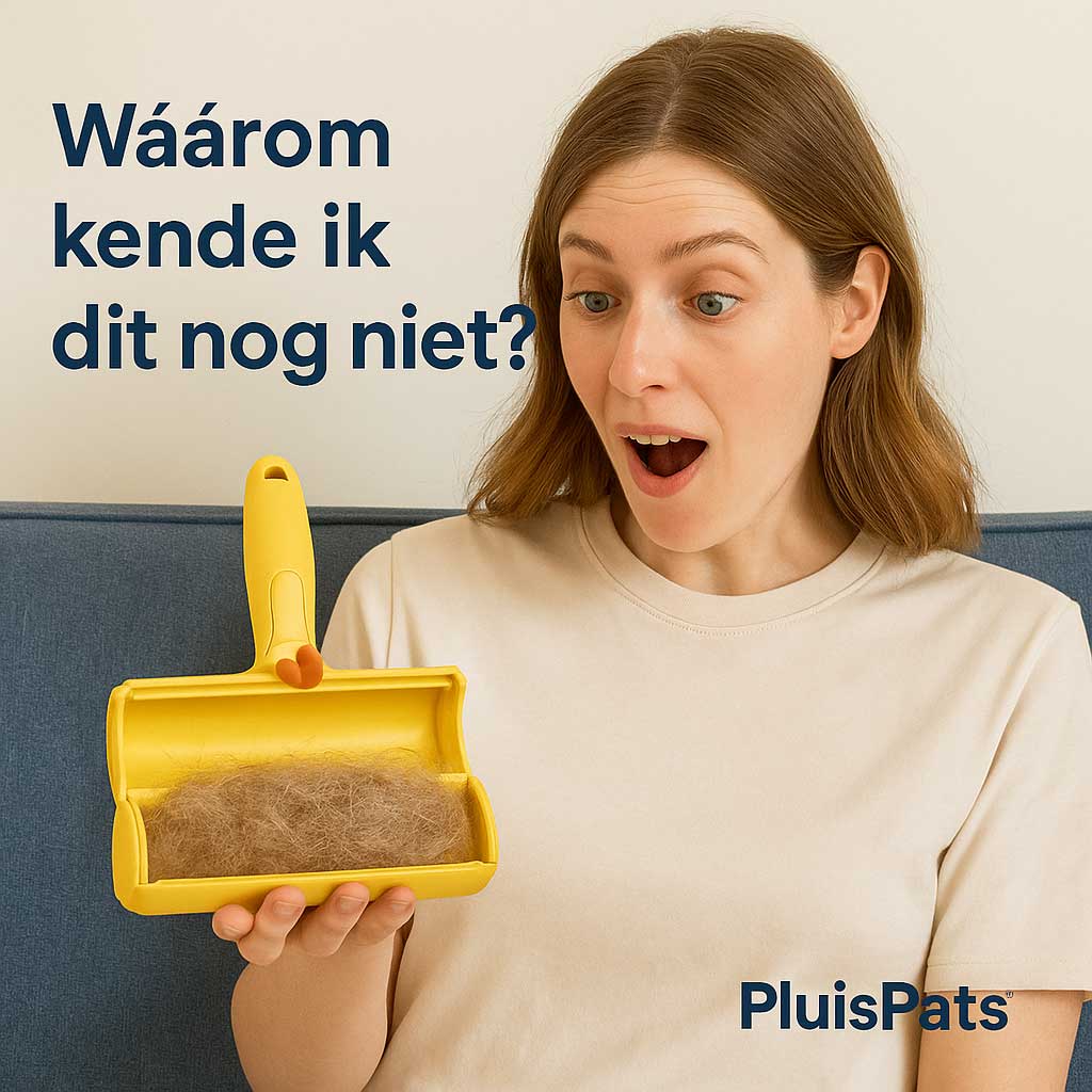 Verraste vrouw houdt een volle PluisPats™ haarverwijderaar vast na gebruik – toont de grote hoeveelheid opgevangen dierenharen met de quote “Wáárom kende ik dit nog niet?”