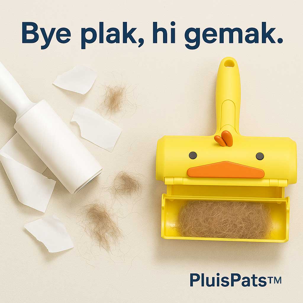 Vergelijking tussen een plakkerige roller en de PluisPats™ haarverwijderaar – rommelige plakstroken versus propvolle opvangbak met dierenharen, met slogan “Bye plak, hi gemak.”